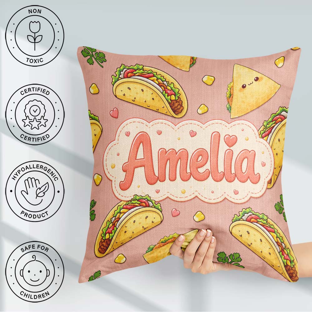 Custom Name Taco and Wrap Food Pattern Beige Background Seamless Square Filled Cushion Throw Pillow Sofa Bed Home Decor Zip Washable UK Made