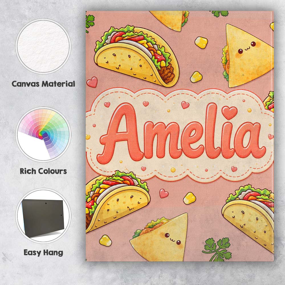 Personalised Name Cute Kawaii Taco and Wrap Custom Bespoke Interior Contemporary Canvas Wall Art Print Decor Picture Ready to Hang