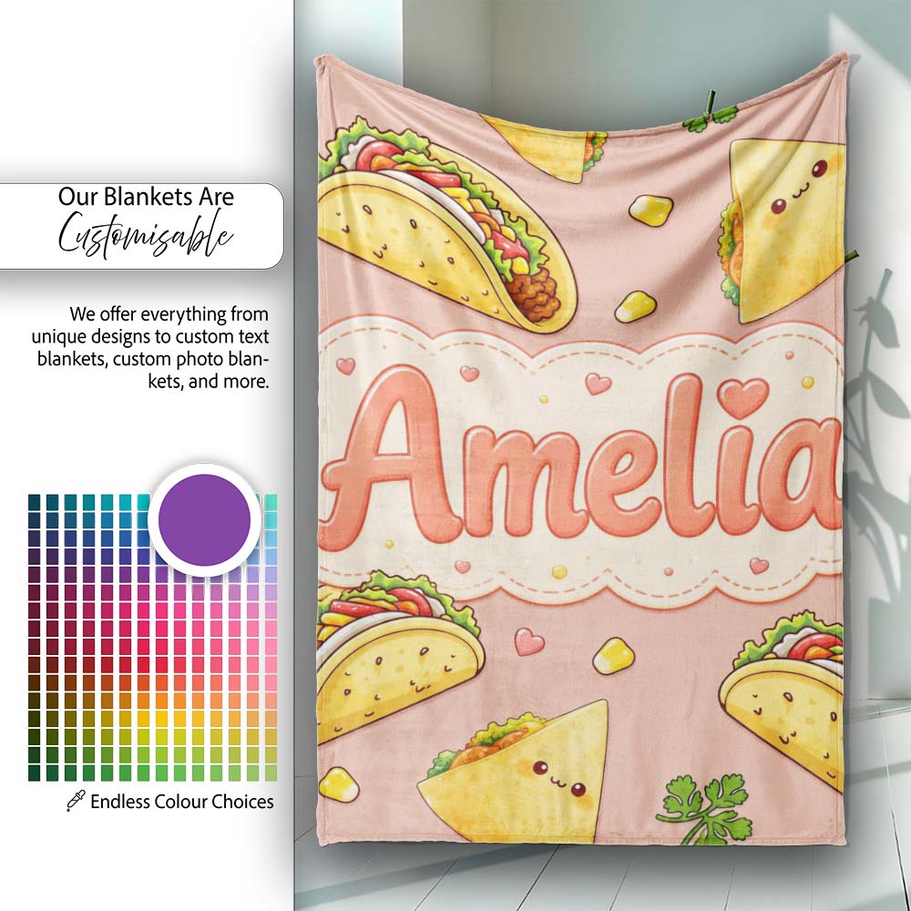 Cute Kawaii Taco and Wrap Food Pattern Beige Background Seamless Personalised Custom Name Super Soft Fleece Blanket Bed Sofa Throw