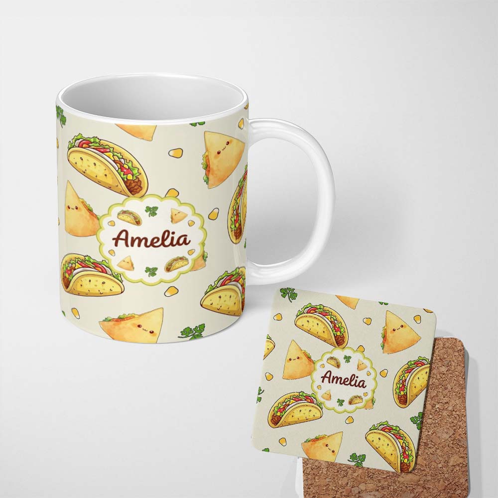 Personalized Custom Name Cute Kawaii Taco and Wrap Food Pattern Light Grey Background 11oz Ceramic Coffee Tea Mug White Large Handle