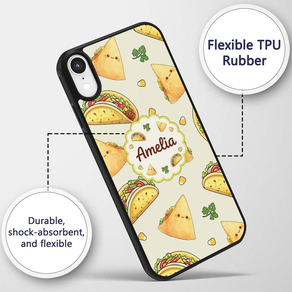 Cute Kawaii Taco and Wrap Food Pattern Light Grey Custom Name Protective Phone Case Mobile Cover Durable Everyday Smartphone Shock Resistant