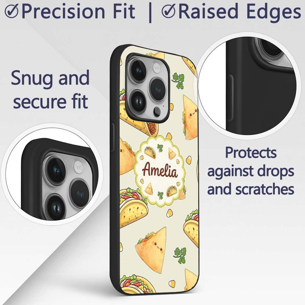 Cute Kawaii Taco and Wrap Food Pattern Light Grey Custom Name Protective Phone Case Mobile Cover Durable Everyday Smartphone Shock Resistant
