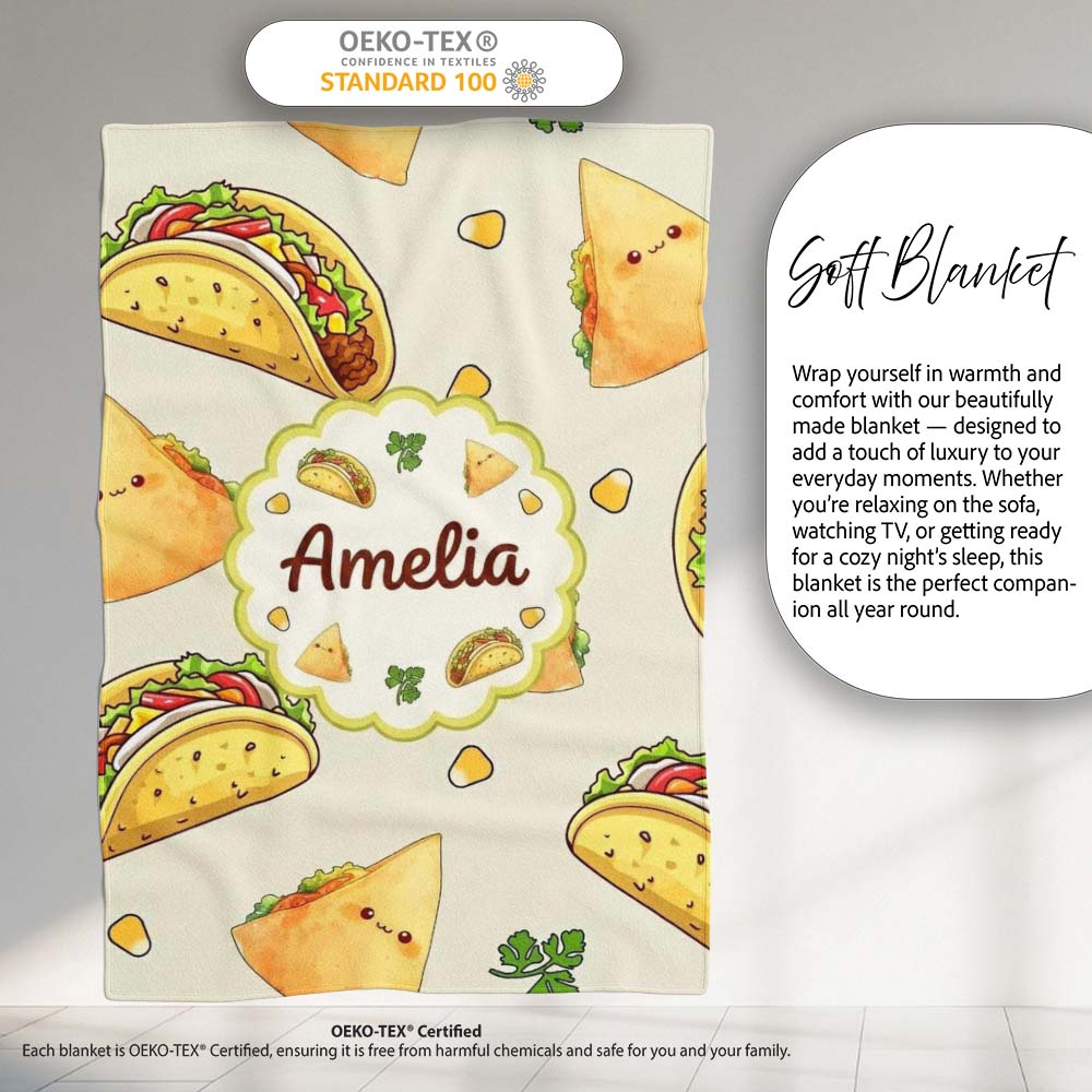 Cute Kawaii Taco and Wrap Food Pattern Light Grey Background Personalised Custom Name Super Soft Fleece Blanket Bed Sofa Throw