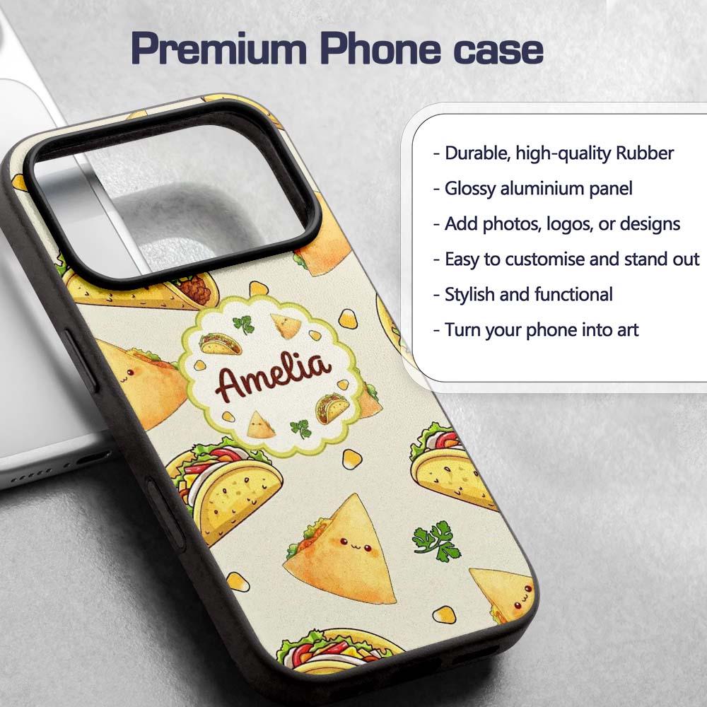 Cute Kawaii Taco and Wrap Food Pattern Light Grey Custom Name Protective Phone Case Mobile Cover Durable Everyday Smartphone Shock Resistant