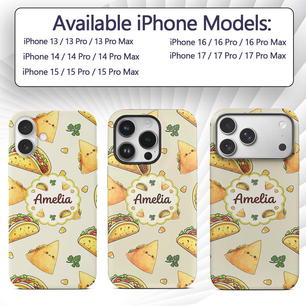 Cute Kawaii Taco and Wrap Food Pattern Light Grey Custom Name Protective Phone Case Mobile Cover Durable Everyday Smartphone Shock Resistant