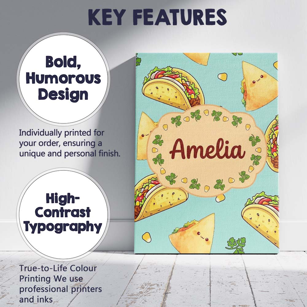 Personalised Name Cute Kawaii Taco and Wrap Custom Bespoke Interior Contemporary Canvas Wall Art Print Decor Picture Ready to Hang