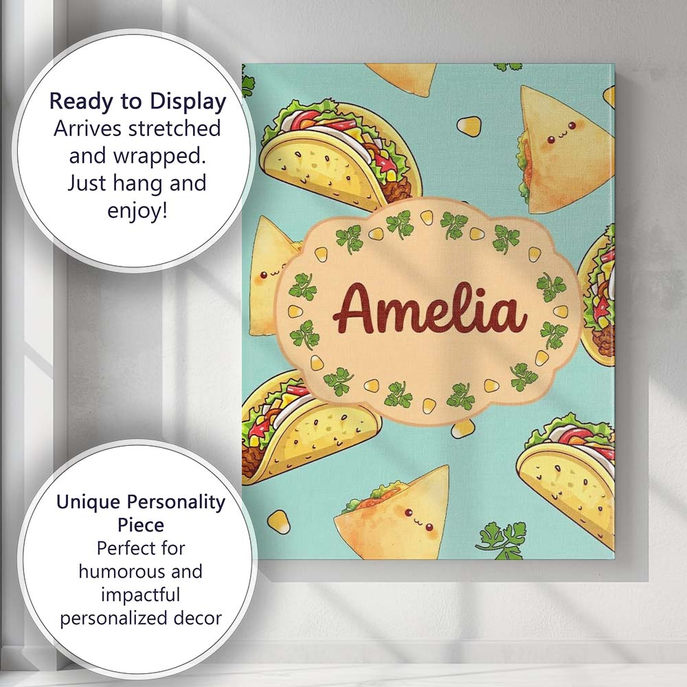 Personalised Name Cute Kawaii Taco and Wrap Custom Bespoke Interior Contemporary Canvas Wall Art Print Decor Picture Ready to Hang