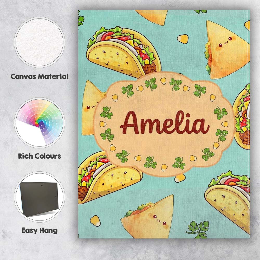 Personalised Name Cute Kawaii Taco and Wrap Custom Bespoke Interior Contemporary Canvas Wall Art Print Decor Picture Ready to Hang