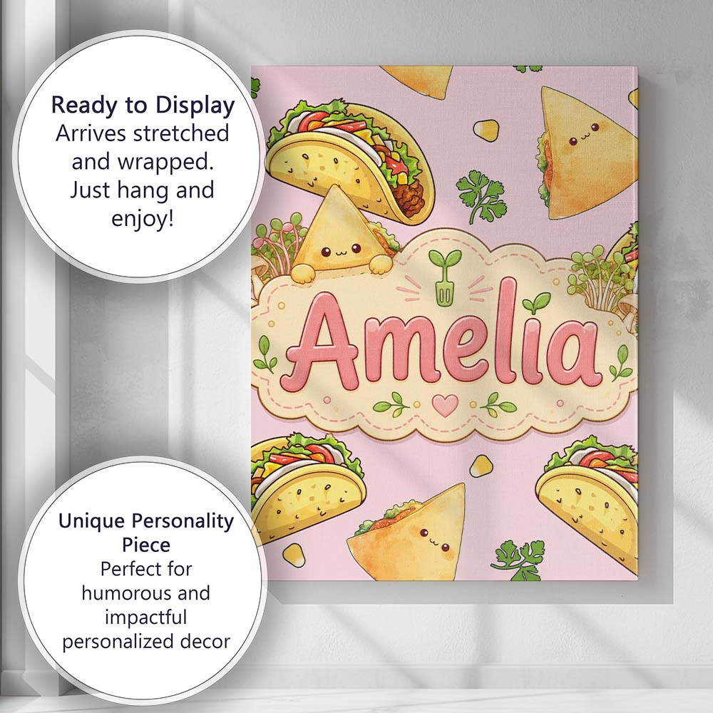 Personalised Name Cute Kawaii Taco and Wrap Custom Bespoke Interior Contemporary Canvas Wall Art Print Decor Picture Ready to Hang