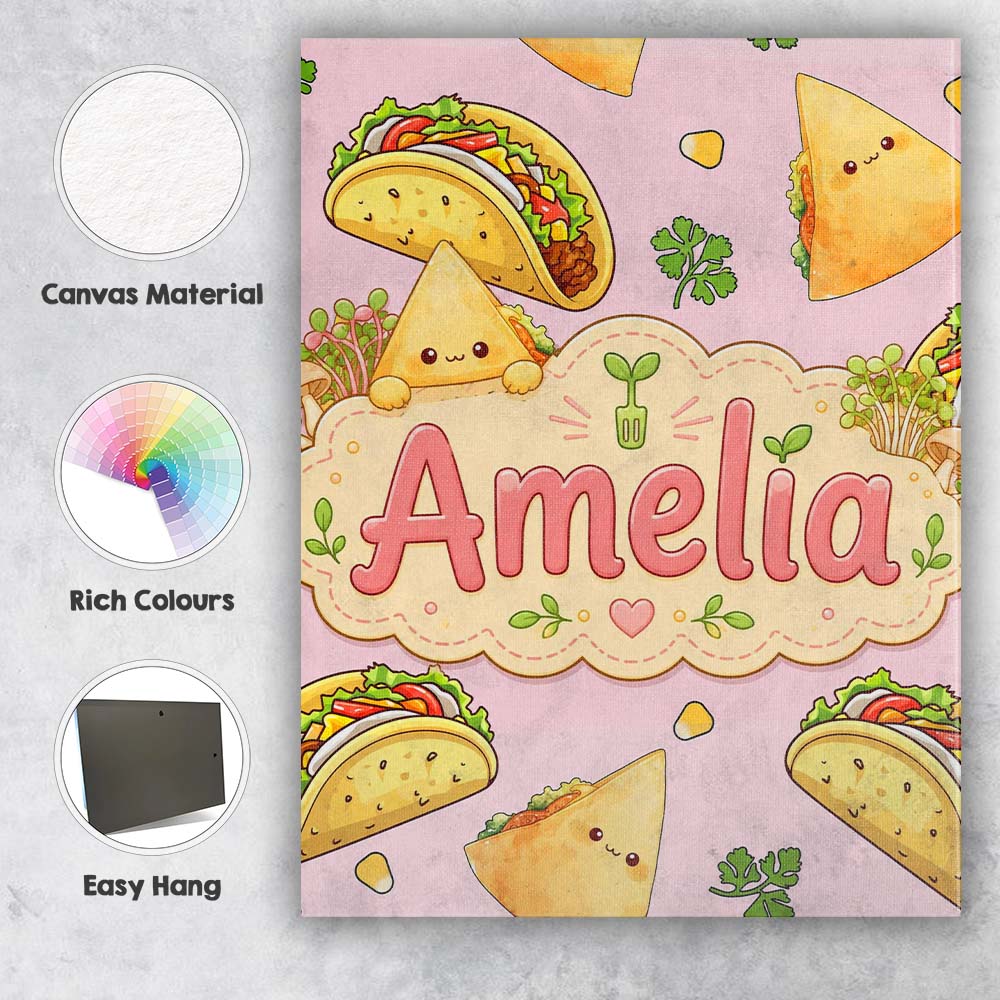 Personalised Name Cute Kawaii Taco and Wrap Custom Bespoke Interior Contemporary Canvas Wall Art Print Decor Picture Ready to Hang