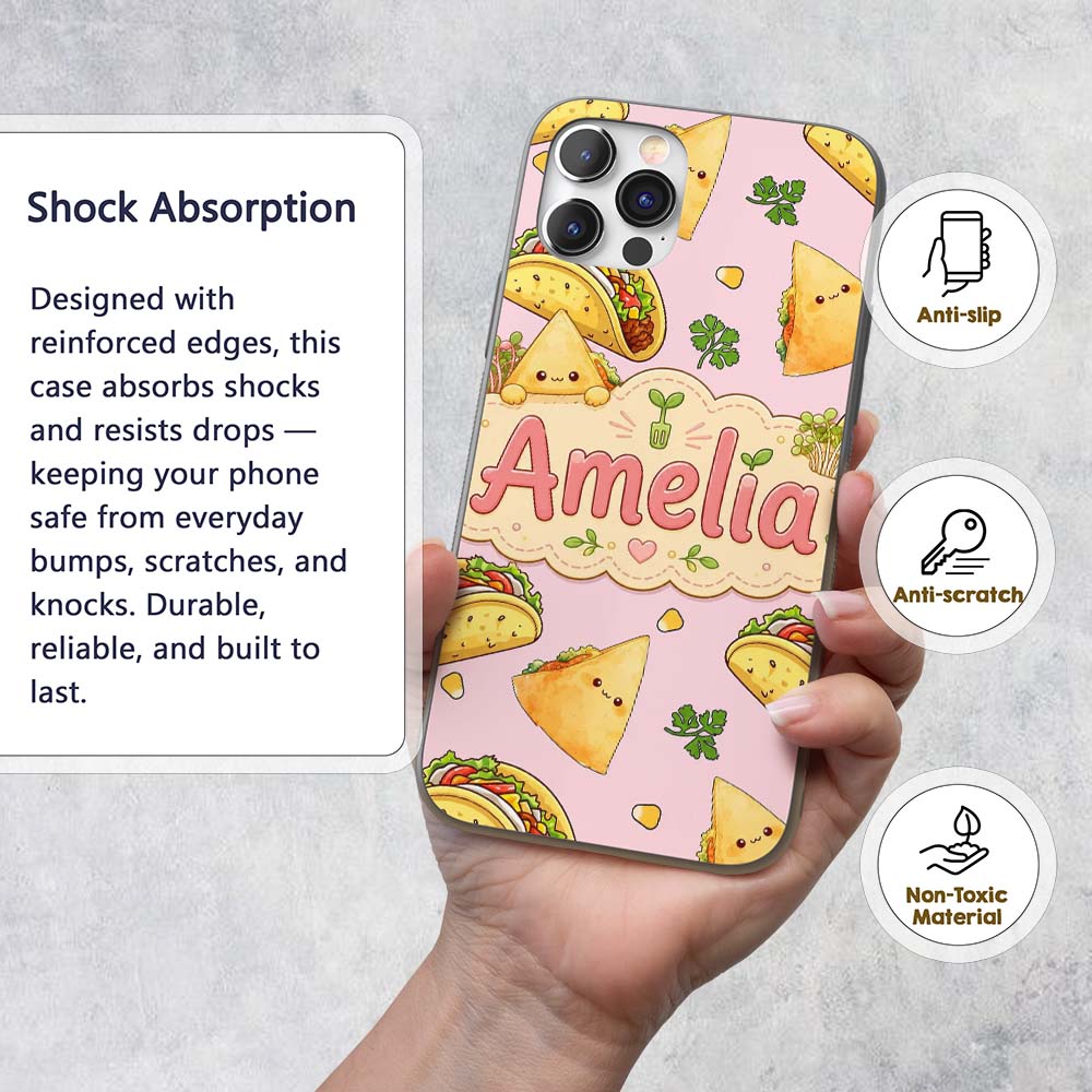 Cute Kawaii Taco and Wrap Food Pattern Soft Pink Custom Name Protective Phone Case Mobile Cover Durable Everyday Smartphone Shock Resistant