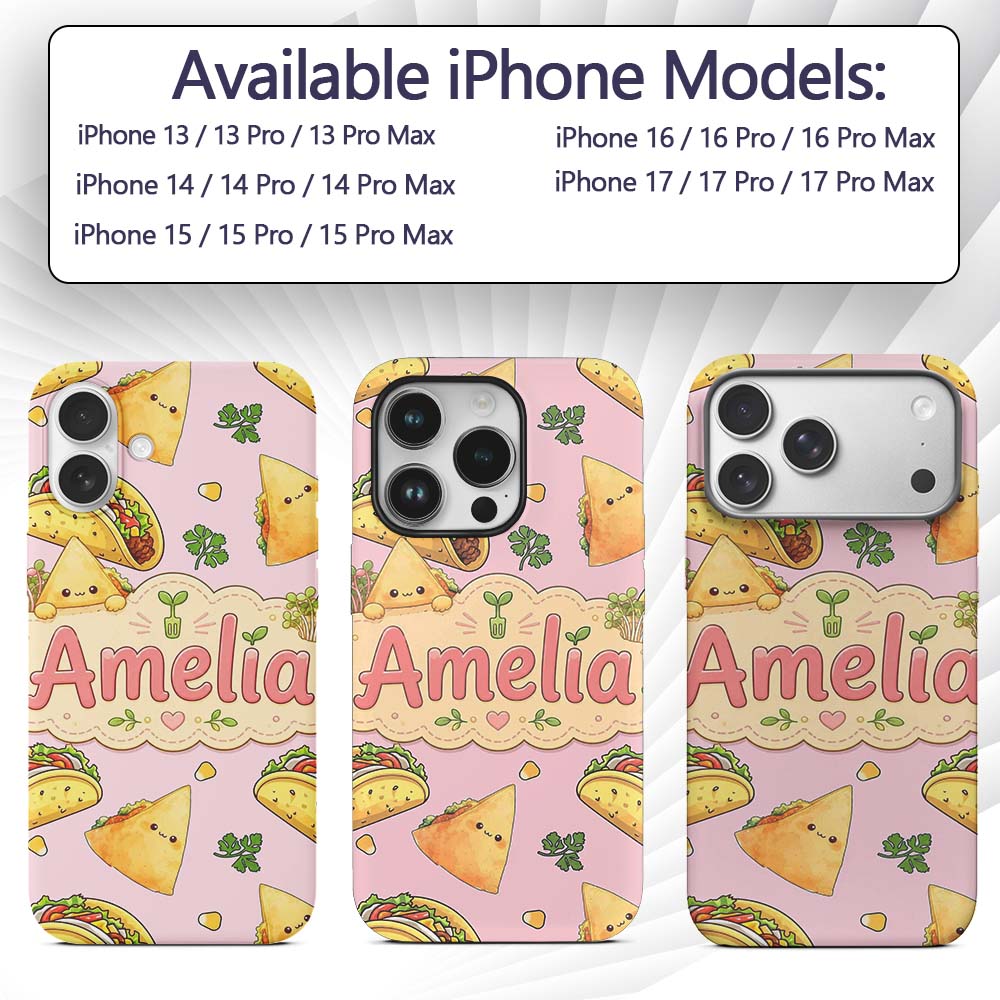 Cute Kawaii Taco and Wrap Food Pattern Soft Pink Custom Name Protective Phone Case Mobile Cover Durable Everyday Smartphone Shock Resistant