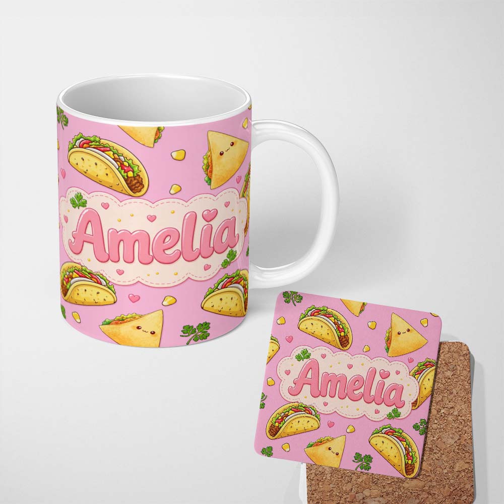 Personalized Custom Name Cute Kawaii Taco and Wrap Food Pattern Blush Pink Background 11oz Ceramic Coffee Tea Mug White Large Handle