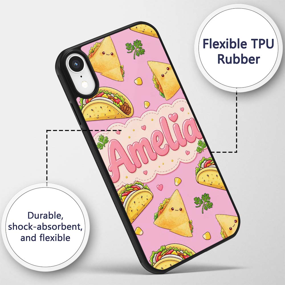 Cute Kawaii Taco and Wrap Food Pattern Blush Pink Custom Name Protective Phone Case Mobile Cover Durable Everyday Smartphone Shock Resistant
