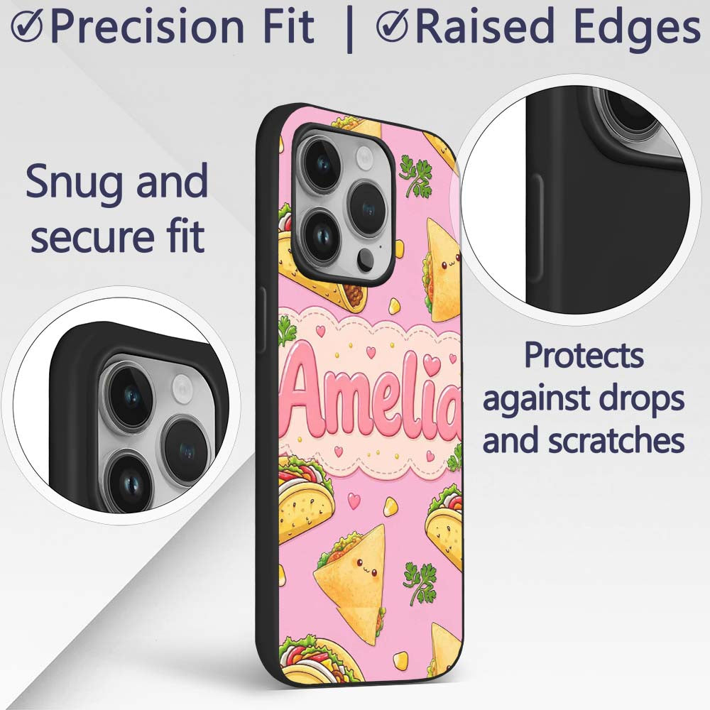 Cute Kawaii Taco and Wrap Food Pattern Blush Pink Custom Name Protective Phone Case Mobile Cover Durable Everyday Smartphone Shock Resistant