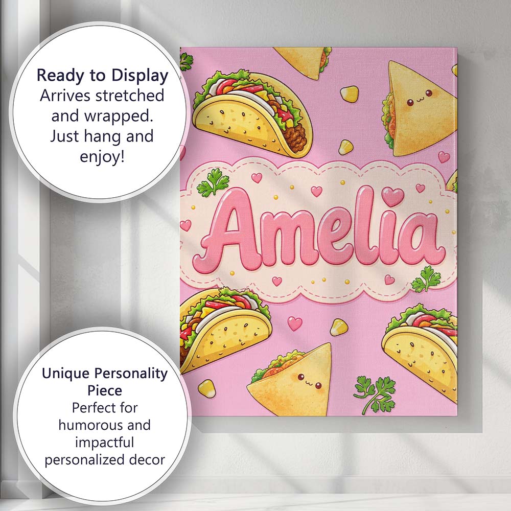 Personalised Name Cute Kawaii Taco and Wrap Custom Bespoke Interior Contemporary Canvas Wall Art Print Decor Picture Ready to Hang