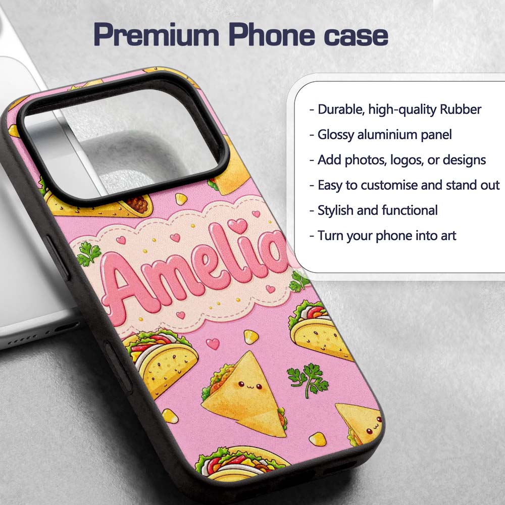 Cute Kawaii Taco and Wrap Food Pattern Blush Pink Custom Name Protective Phone Case Mobile Cover Durable Everyday Smartphone Shock Resistant