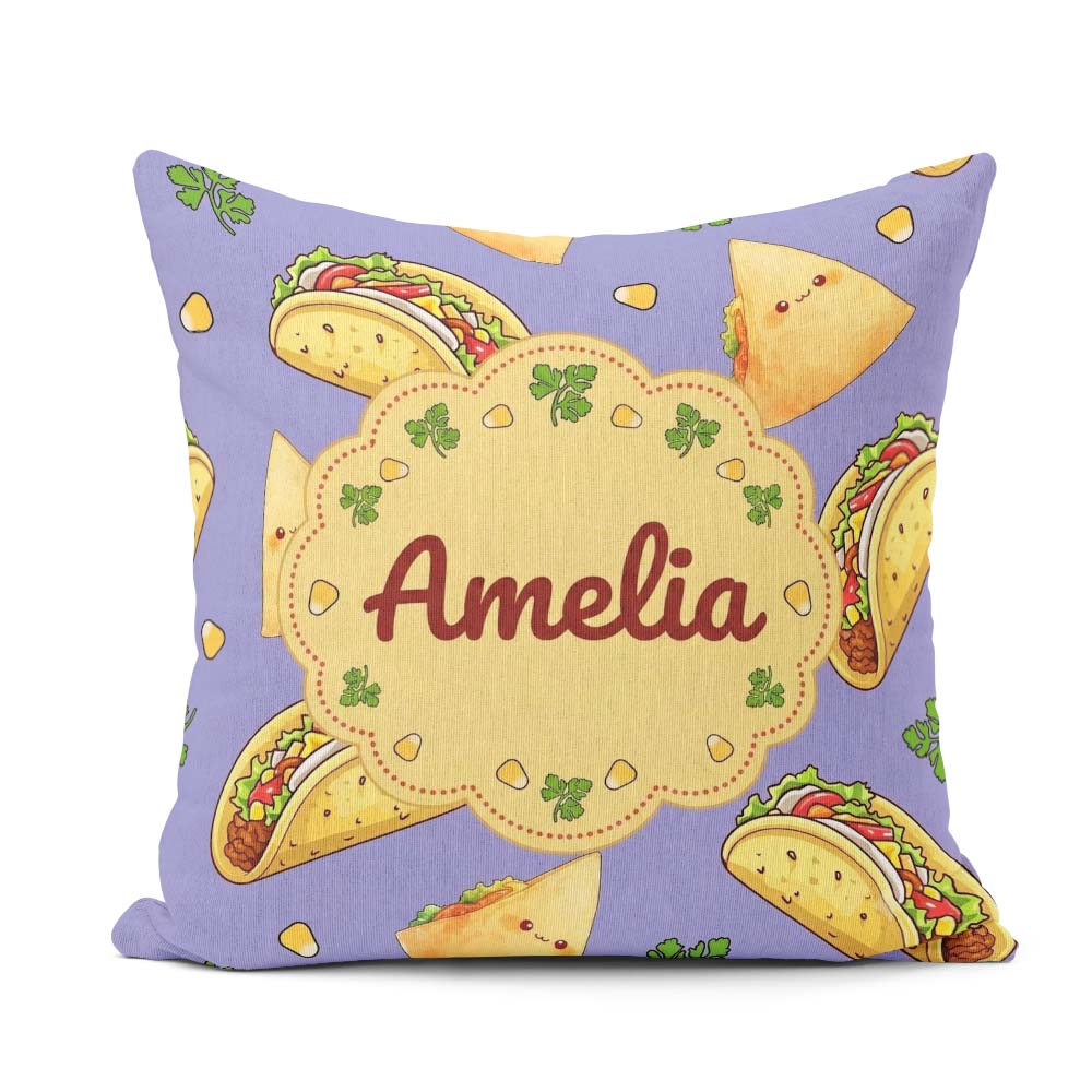 Custom Name Kawaii Taco and Wrap Food Purple Background Seamless Square Filled Cushion Throw Pillow Sofa Bed Home Decor Zip Washable UK Made