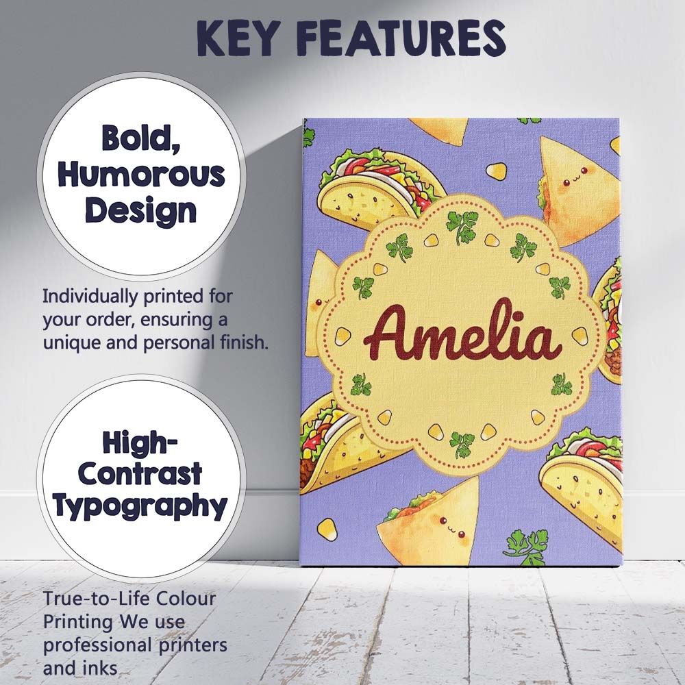 Personalised Name Cute Kawaii Taco and Wrap Custom Bespoke Interior Contemporary Canvas Wall Art Print Decor Picture Ready to Hang