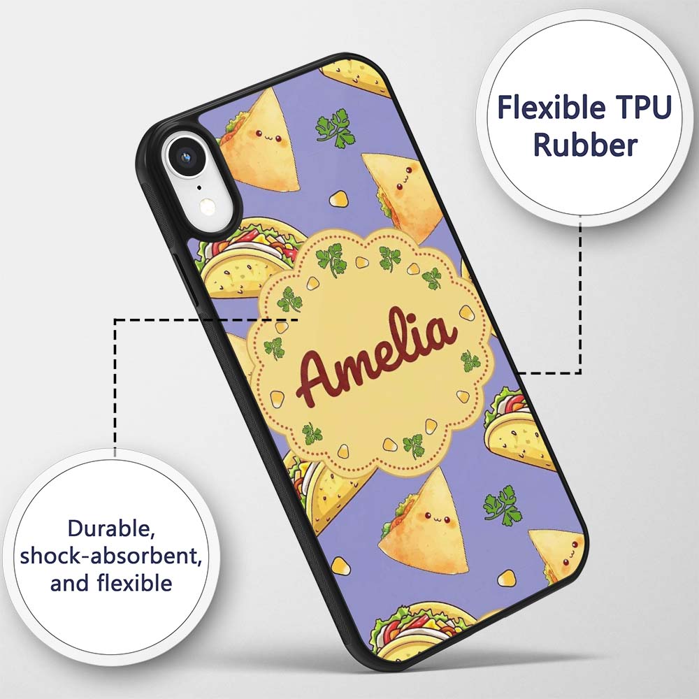 Cute Kawaii Taco and Wrap Food Pattern Purple Custom Name Protective Phone Case Mobile Cover Durable Everyday Smartphone Shock Resistant
