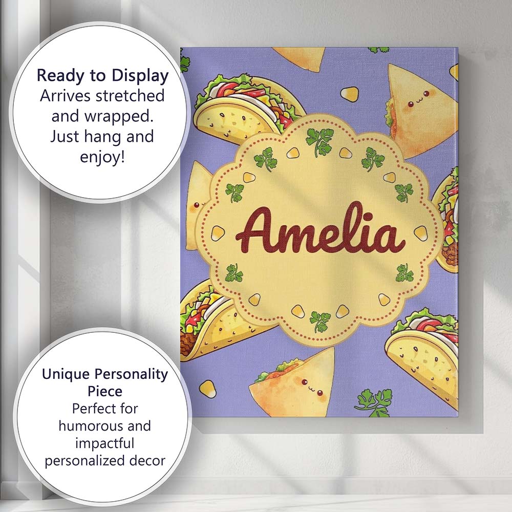 Personalised Name Cute Kawaii Taco and Wrap Custom Bespoke Interior Contemporary Canvas Wall Art Print Decor Picture Ready to Hang