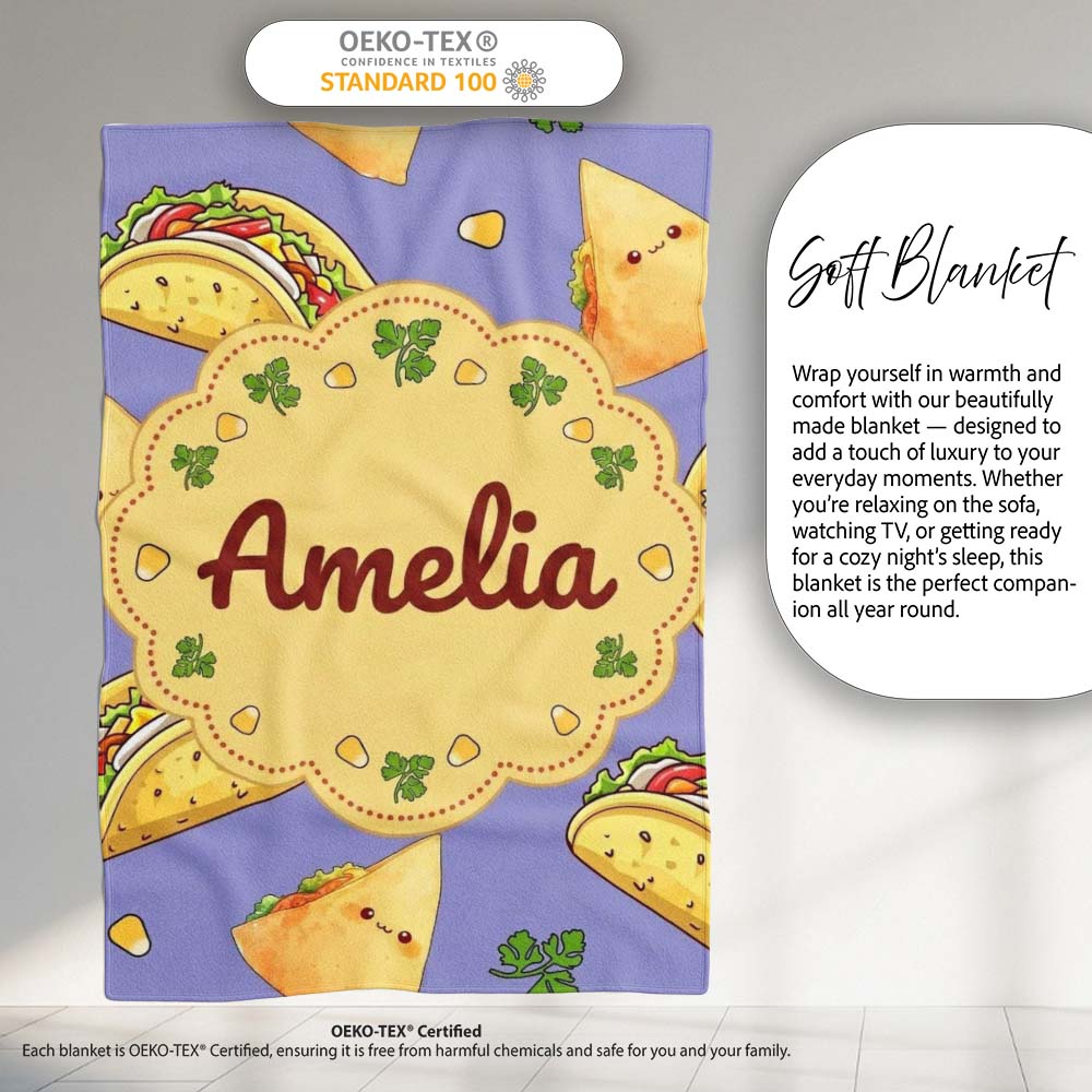 Cute Kawaii Taco and Wrap Food Pattern Purple Background Seamless Personalised Custom Name Super Soft Fleece Blanket Bed Sofa Throw