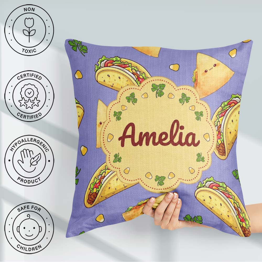 Custom Name Kawaii Taco and Wrap Food Purple Background Seamless Square Filled Cushion Throw Pillow Sofa Bed Home Decor Zip Washable UK Made