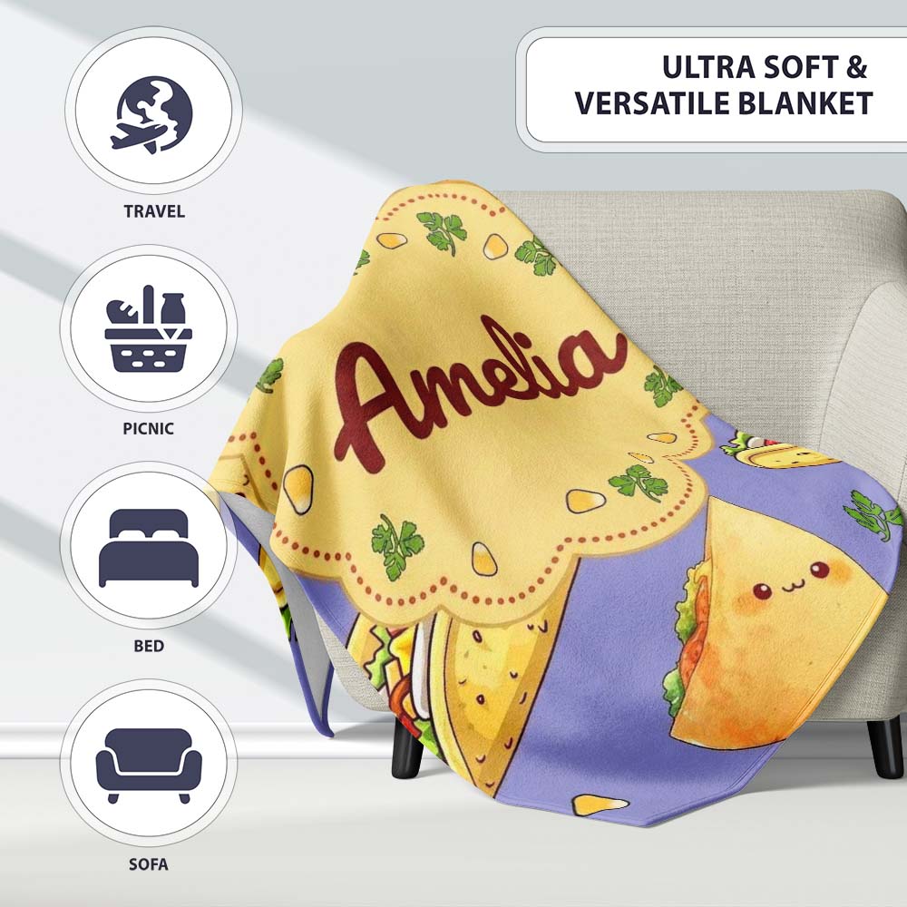 Cute Kawaii Taco and Wrap Food Pattern Purple Background Seamless Personalised Custom Name Super Soft Fleece Blanket Bed Sofa Throw