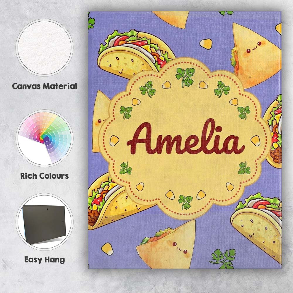 Personalised Name Cute Kawaii Taco and Wrap Custom Bespoke Interior Contemporary Canvas Wall Art Print Decor Picture Ready to Hang
