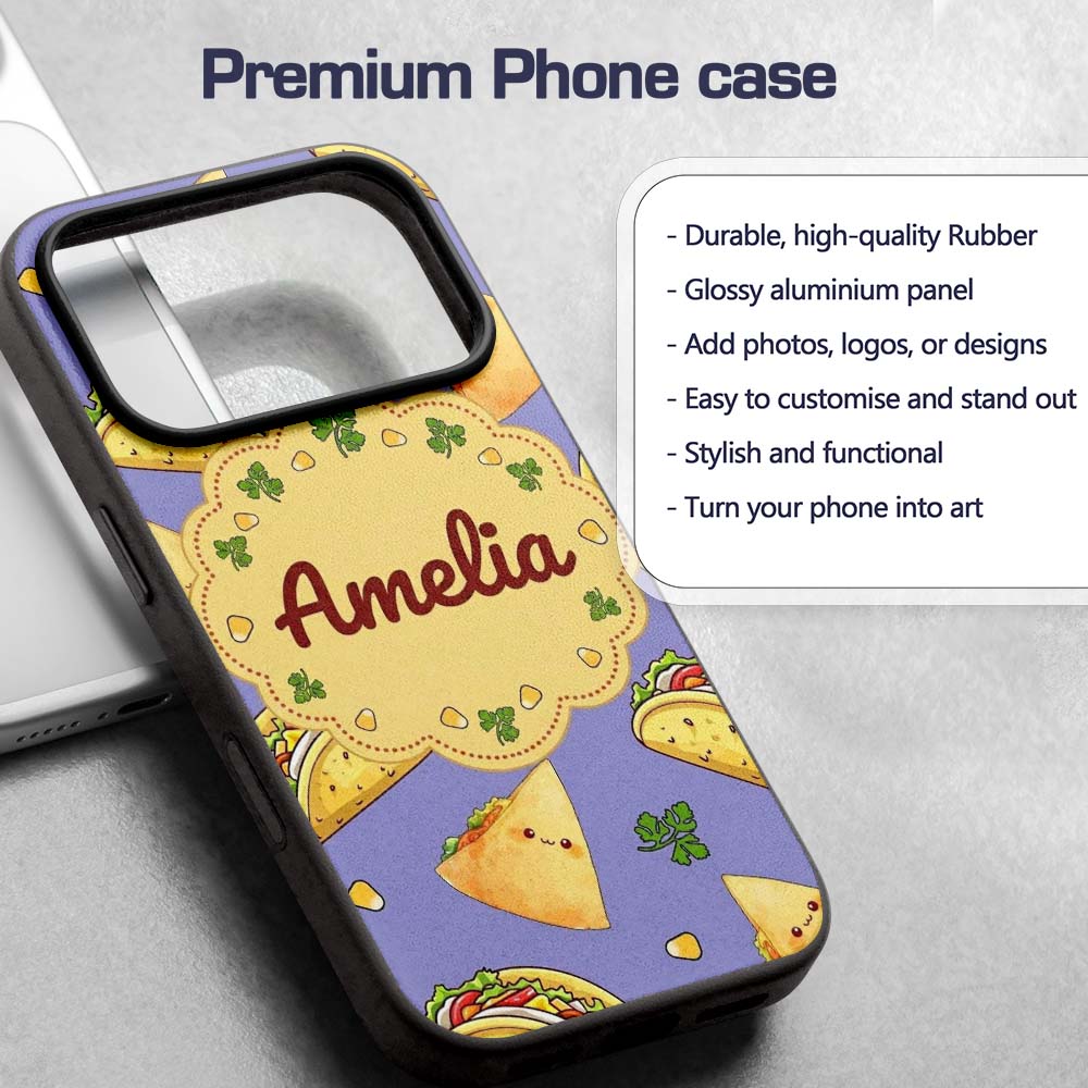 Cute Kawaii Taco and Wrap Food Pattern Purple Custom Name Protective Phone Case Mobile Cover Durable Everyday Smartphone Shock Resistant