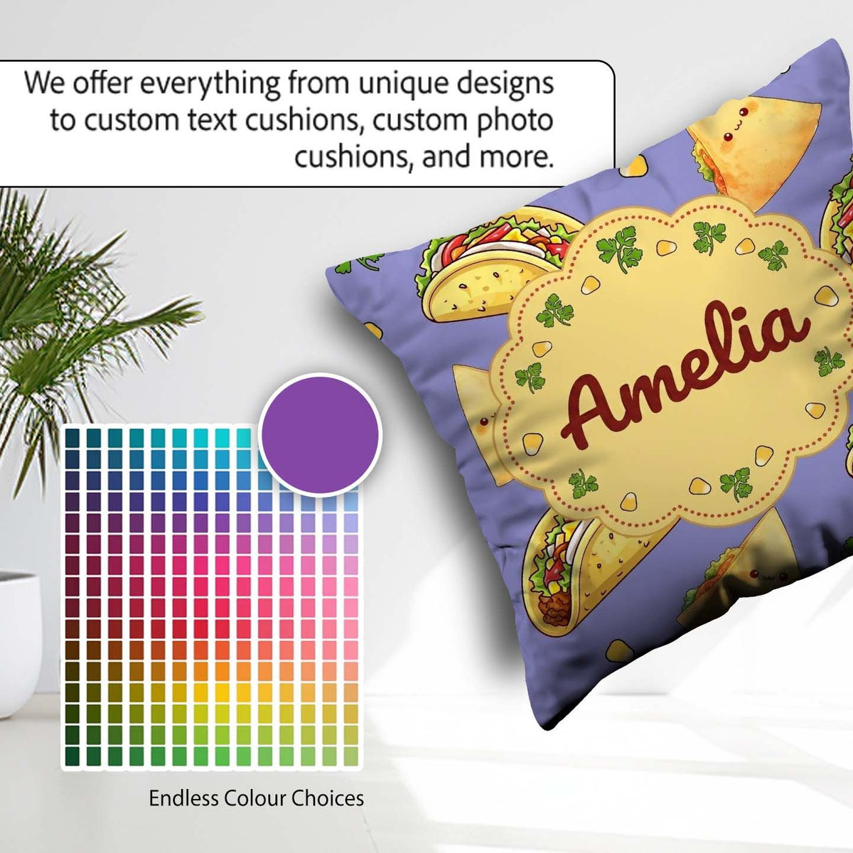 Custom Name Kawaii Taco and Wrap Food Purple Background Seamless Square Filled Cushion Throw Pillow Sofa Bed Home Decor Zip Washable UK Made