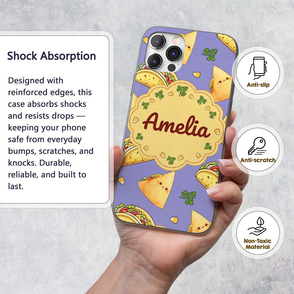 Cute Kawaii Taco and Wrap Food Pattern Purple Custom Name Protective Phone Case Mobile Cover Durable Everyday Smartphone Shock Resistant