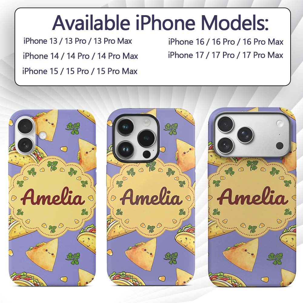 Cute Kawaii Taco and Wrap Food Pattern Purple Custom Name Protective Phone Case Mobile Cover Durable Everyday Smartphone Shock Resistant