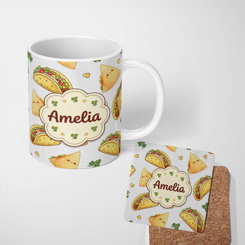 Personalized Custom Name Cute Kawaii Taco and Wrap Food Pattern White Background Seamless 11oz Ceramic Coffee Tea Mug White Large Handle
