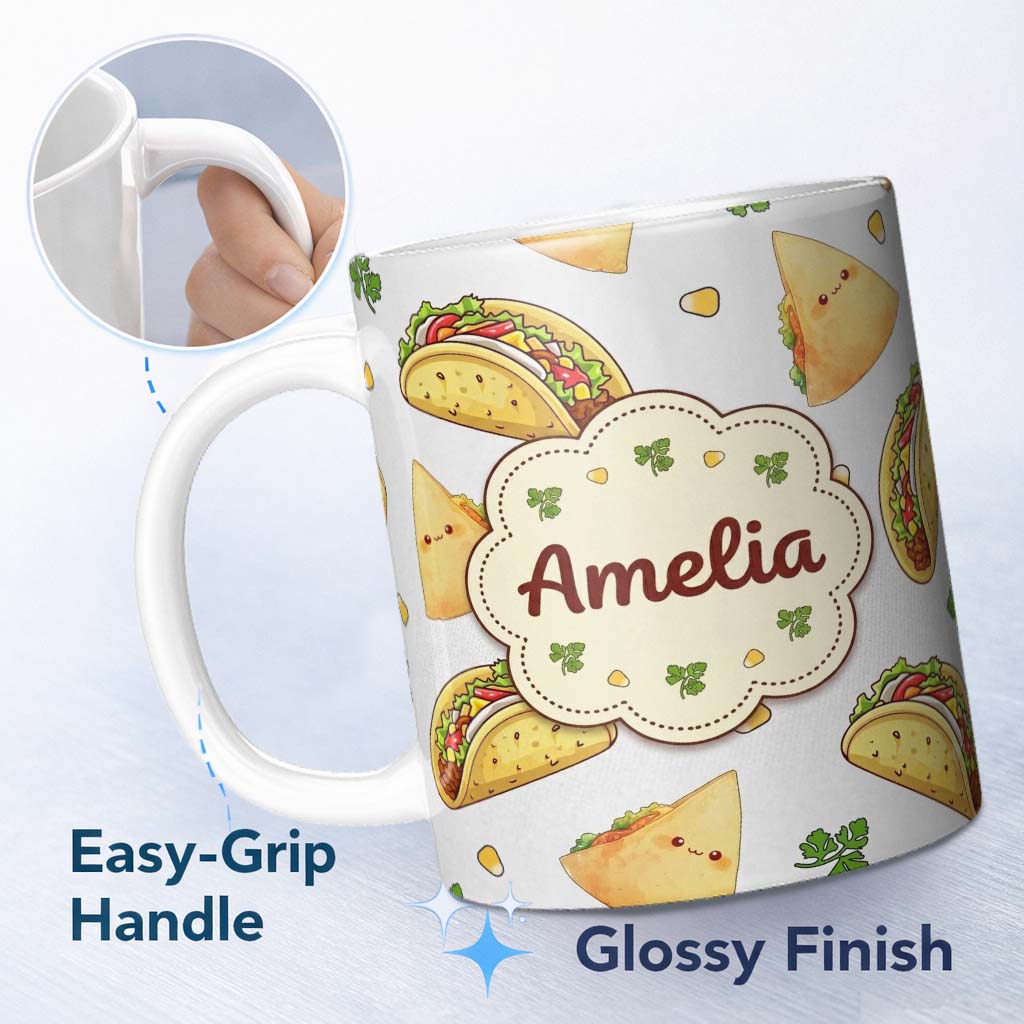 Personalized Custom Name Cute Kawaii Taco and Wrap Food Pattern White Background Seamless 11oz Ceramic Coffee Tea Mug White Large Handle