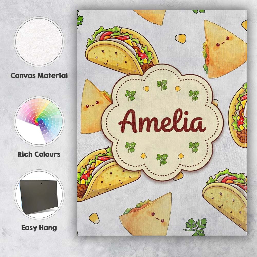 Personalised Name Cute Kawaii Taco and Wrap Custom Bespoke Interior Contemporary Canvas Wall Art Print Decor Picture Ready to Hang