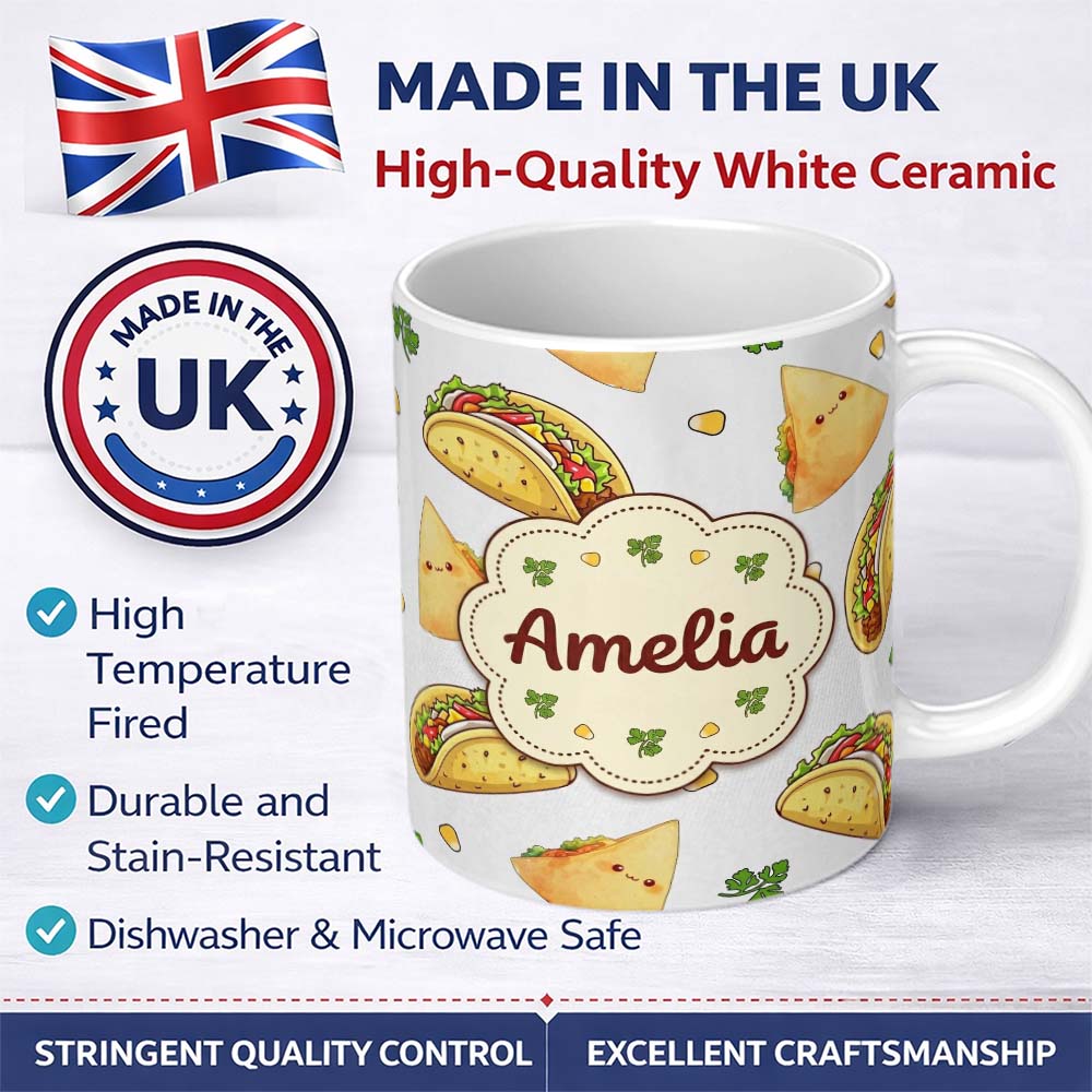 Personalized Custom Name Cute Kawaii Taco and Wrap Food Pattern White Background Seamless 11oz Ceramic Coffee Tea Mug White Large Handle