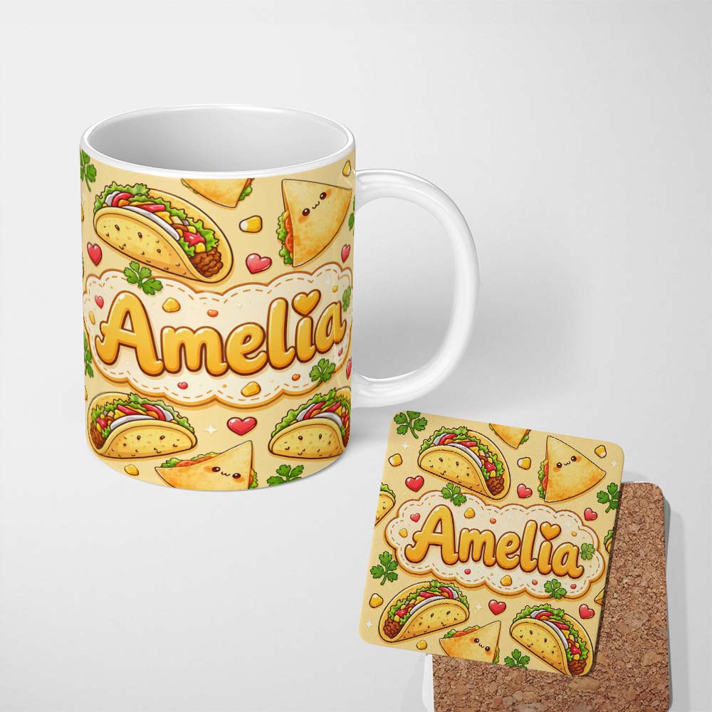 Personalized Custom Name Cute Kawaii Taco and Wrap Food Pattern Yellow Background Seamless 11oz Ceramic Coffee Tea Mug White Large Handle