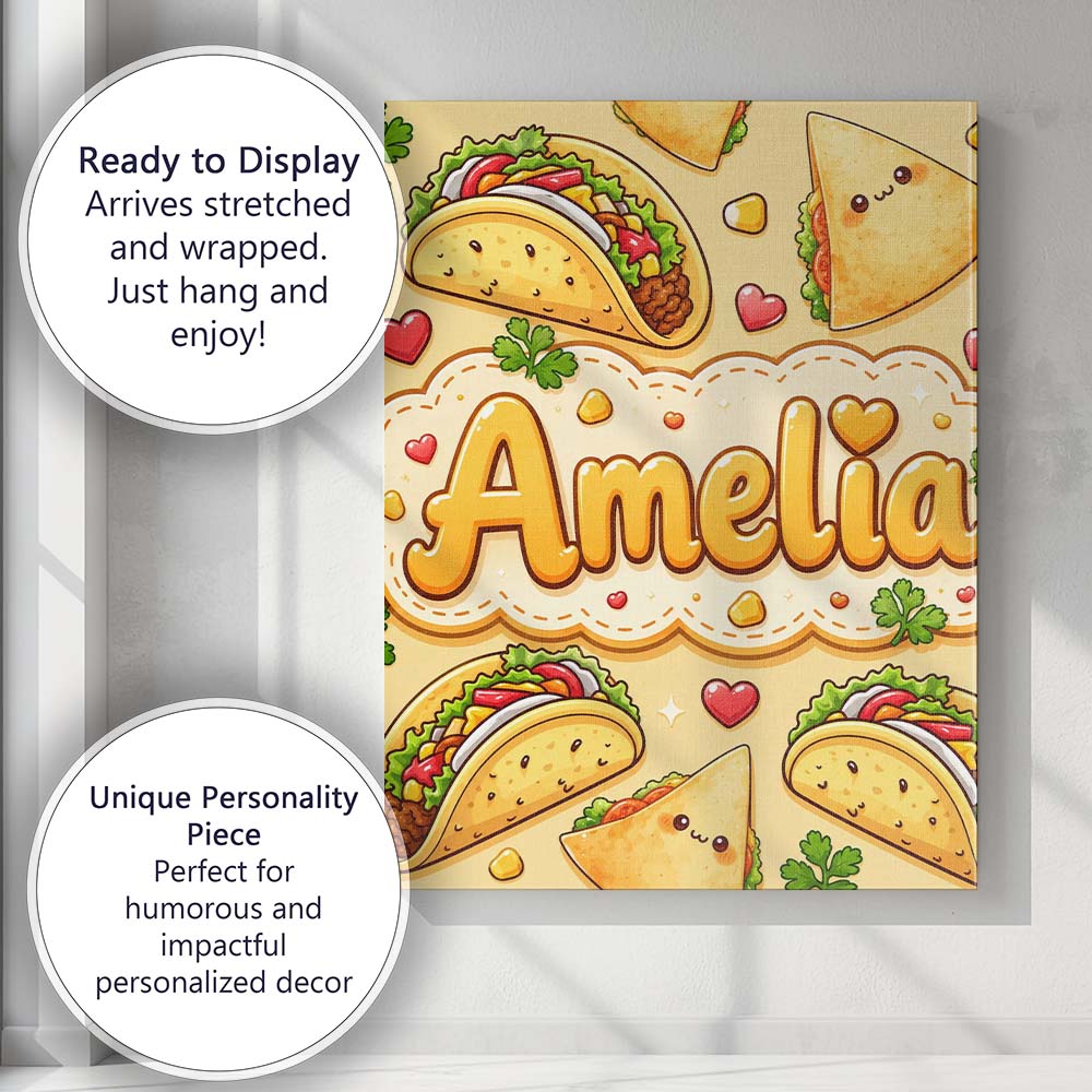 Personalised Name Cute Kawaii Taco and Wrap Custom Bespoke Interior Contemporary Canvas Wall Art Print Decor Picture Ready to Hang