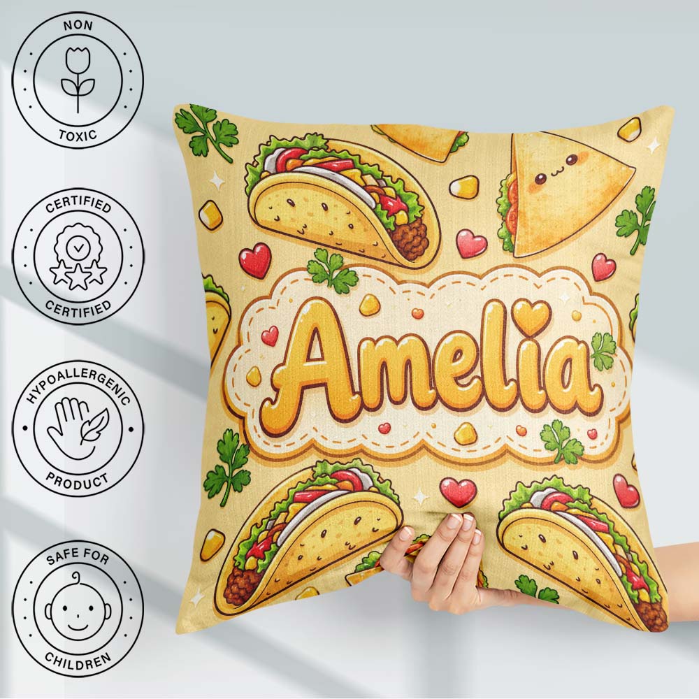 Custom Name Kawaii Taco and Wrap Food Yellow Background Seamless Square Filled Cushion Throw Pillow Sofa Bed Home Decor Zip Washable UK Made