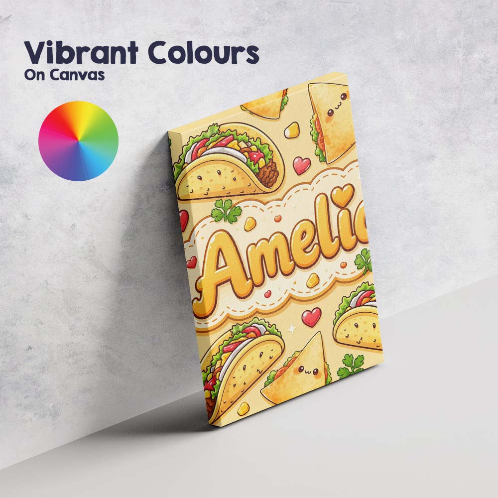 Personalised Name Cute Kawaii Taco and Wrap Custom Bespoke Interior Contemporary Canvas Wall Art Print Decor Picture Ready to Hang