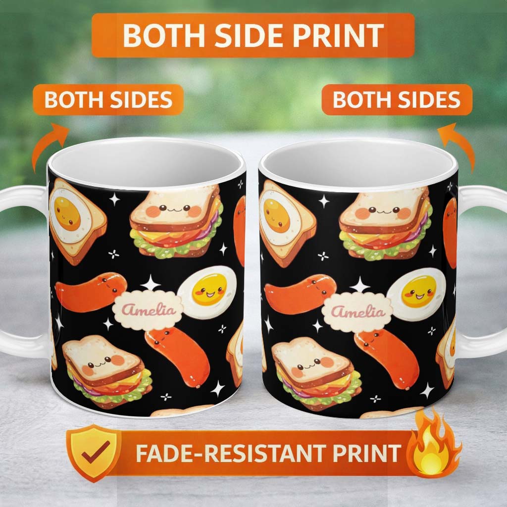 Personalized Custom Name Breakfast Food Eggs Sausage Sandwich Seamless Pattern Black 11oz Ceramic Coffee Tea Mug White Large Handle