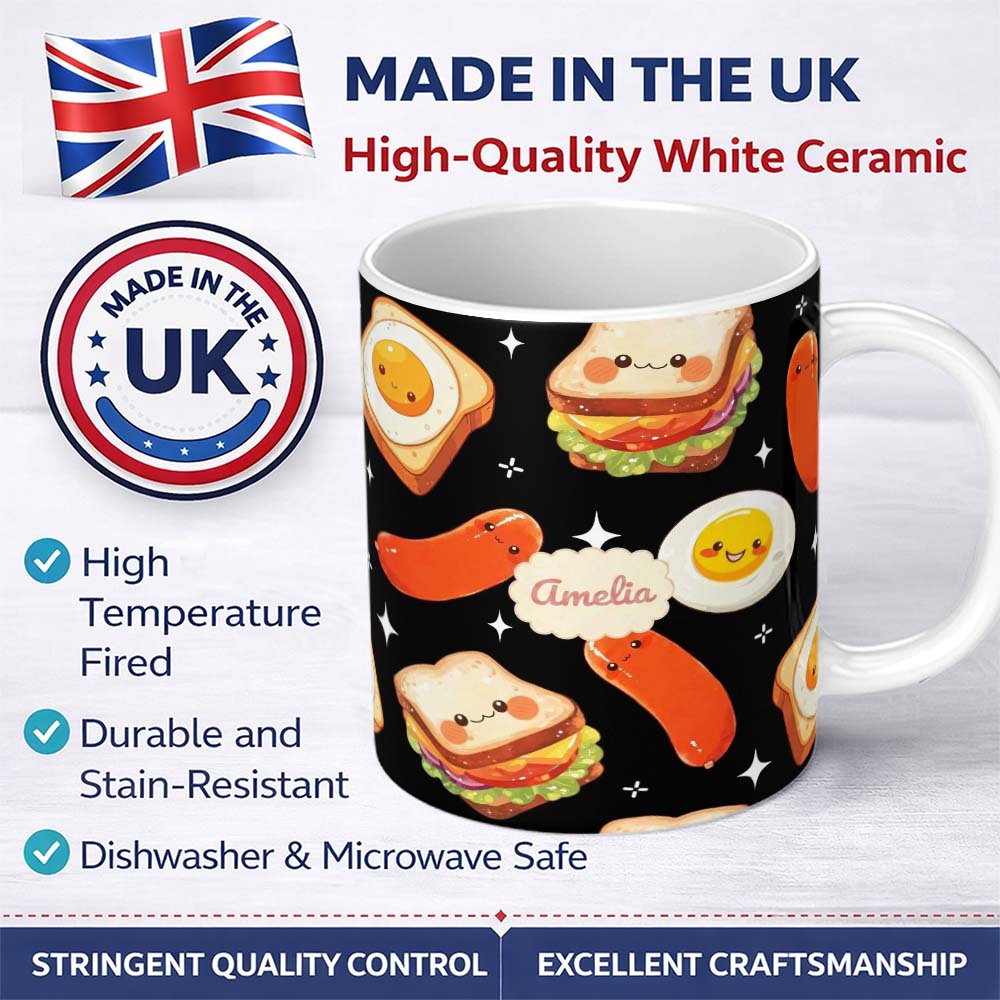 Personalized Custom Name Breakfast Food Eggs Sausage Sandwich Seamless Pattern Black 11oz Ceramic Coffee Tea Mug White Large Handle