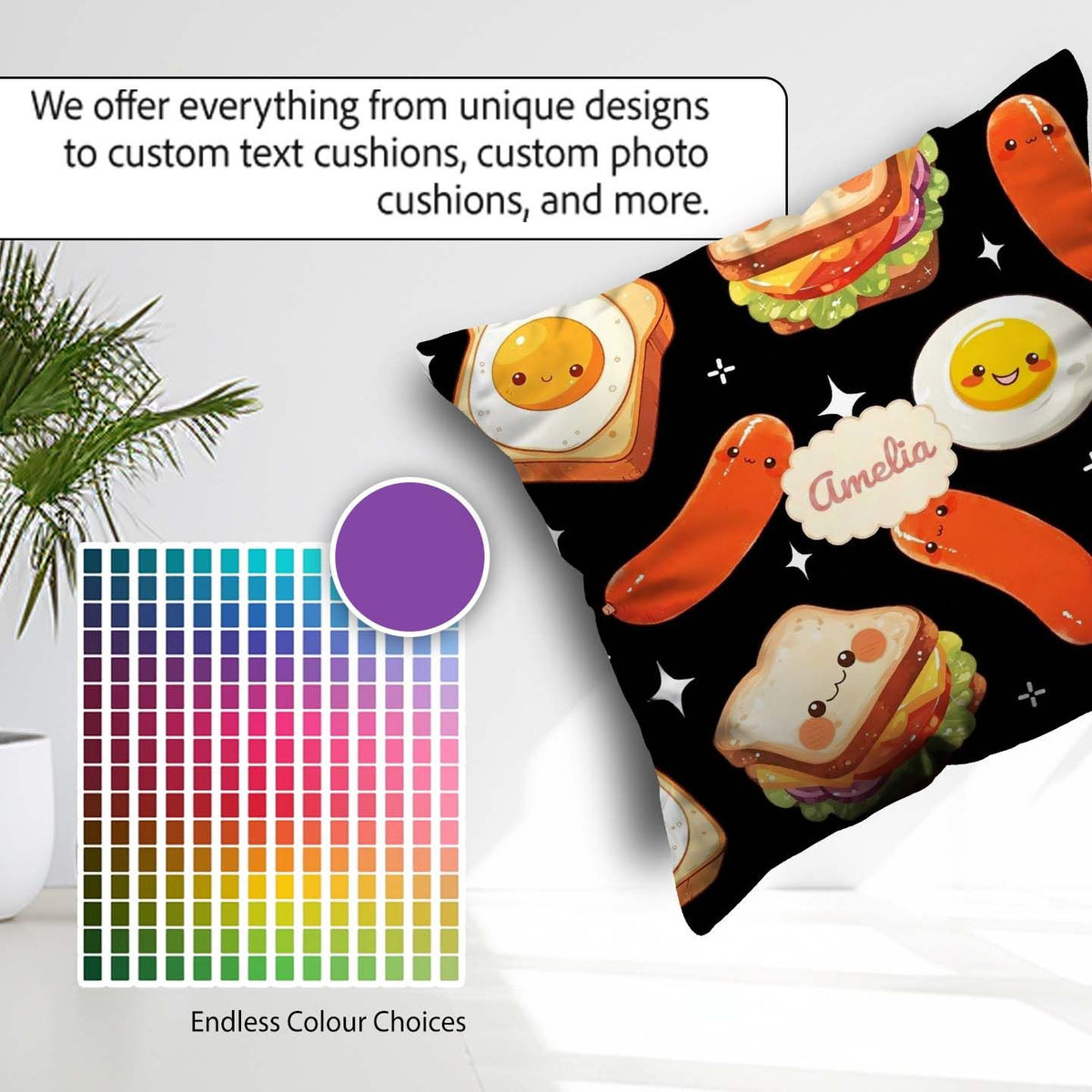 Custom Name Breakfast Food Eggs Sausage Sandwich Seamless Black Square Filled Cushion Throw Pillow Sofa Bed Home Decor Zip Washable UK Made