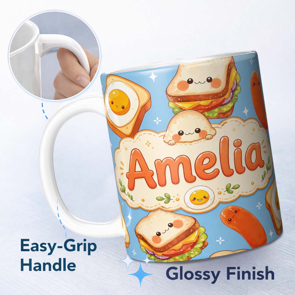 Personalized Custom Name Breakfast Food Eggs Sausage Sandwich Seamless Pattern Blue 11oz Ceramic Coffee Tea Mug White Large Handle
