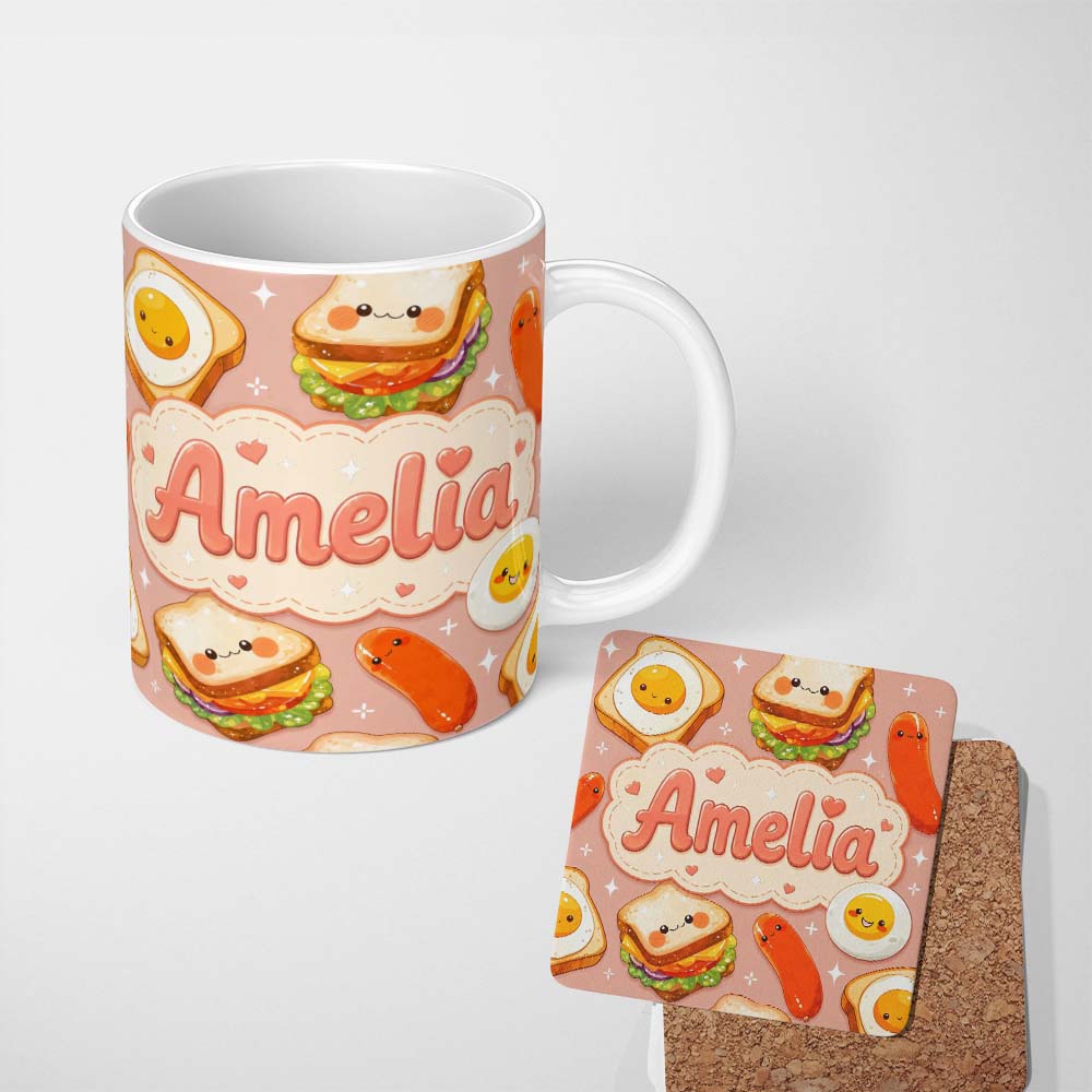 Personalized Custom Name Breakfast Food Eggs Sausage Sandwich Seamless Pattern Peach 11oz Ceramic Coffee Tea Mug White Large Handle