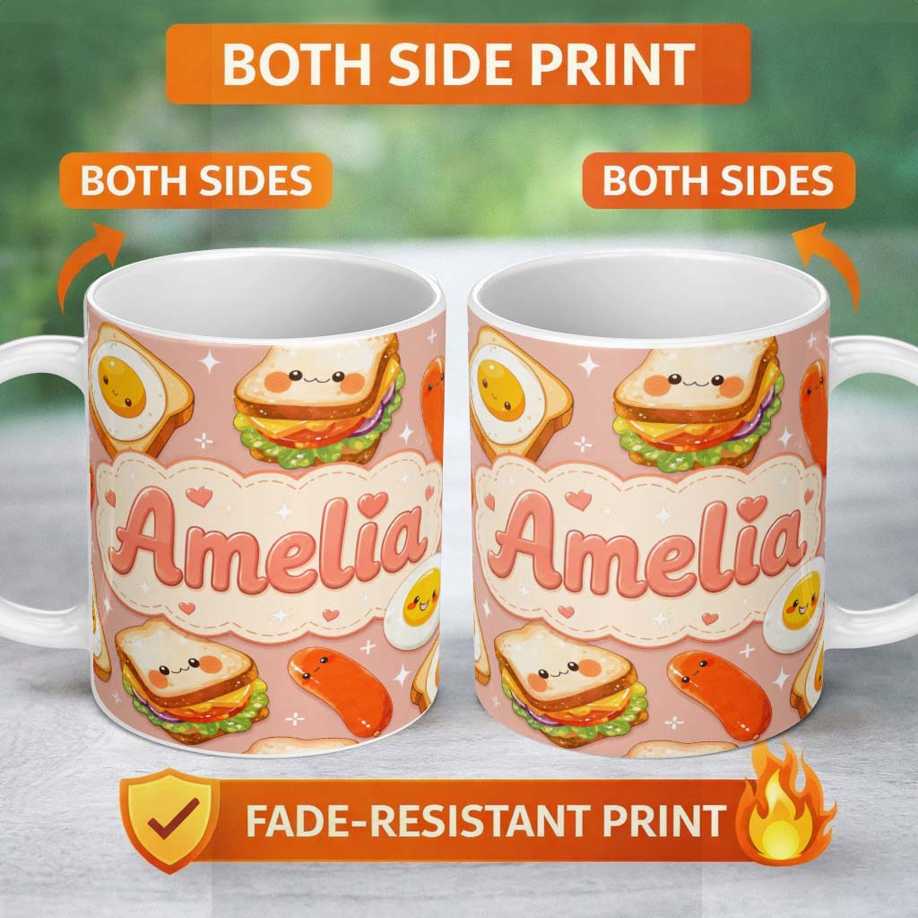 Personalized Custom Name Breakfast Food Eggs Sausage Sandwich Seamless Pattern Peach 11oz Ceramic Coffee Tea Mug White Large Handle