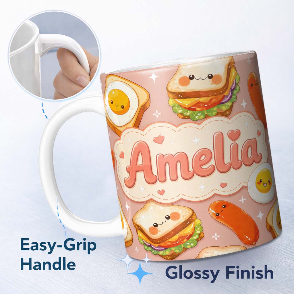 Personalized Custom Name Breakfast Food Eggs Sausage Sandwich Seamless Pattern Peach 11oz Ceramic Coffee Tea Mug White Large Handle