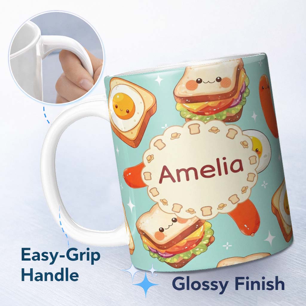 Personalized Custom Name Breakfast Food Eggs Sausage Sandwich Seamless Pattern Teal 11oz Ceramic Coffee Tea Mug White Large Handle