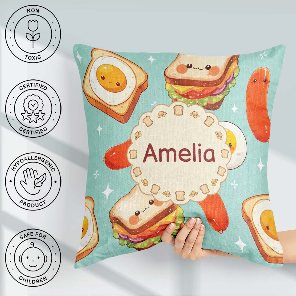 Custom Name Breakfast Food Eggs Sausage Sandwich Seamless Teal Square Filled Cushion Throw Pillow Sofa Bed Home Decor Zip Washable UK Made